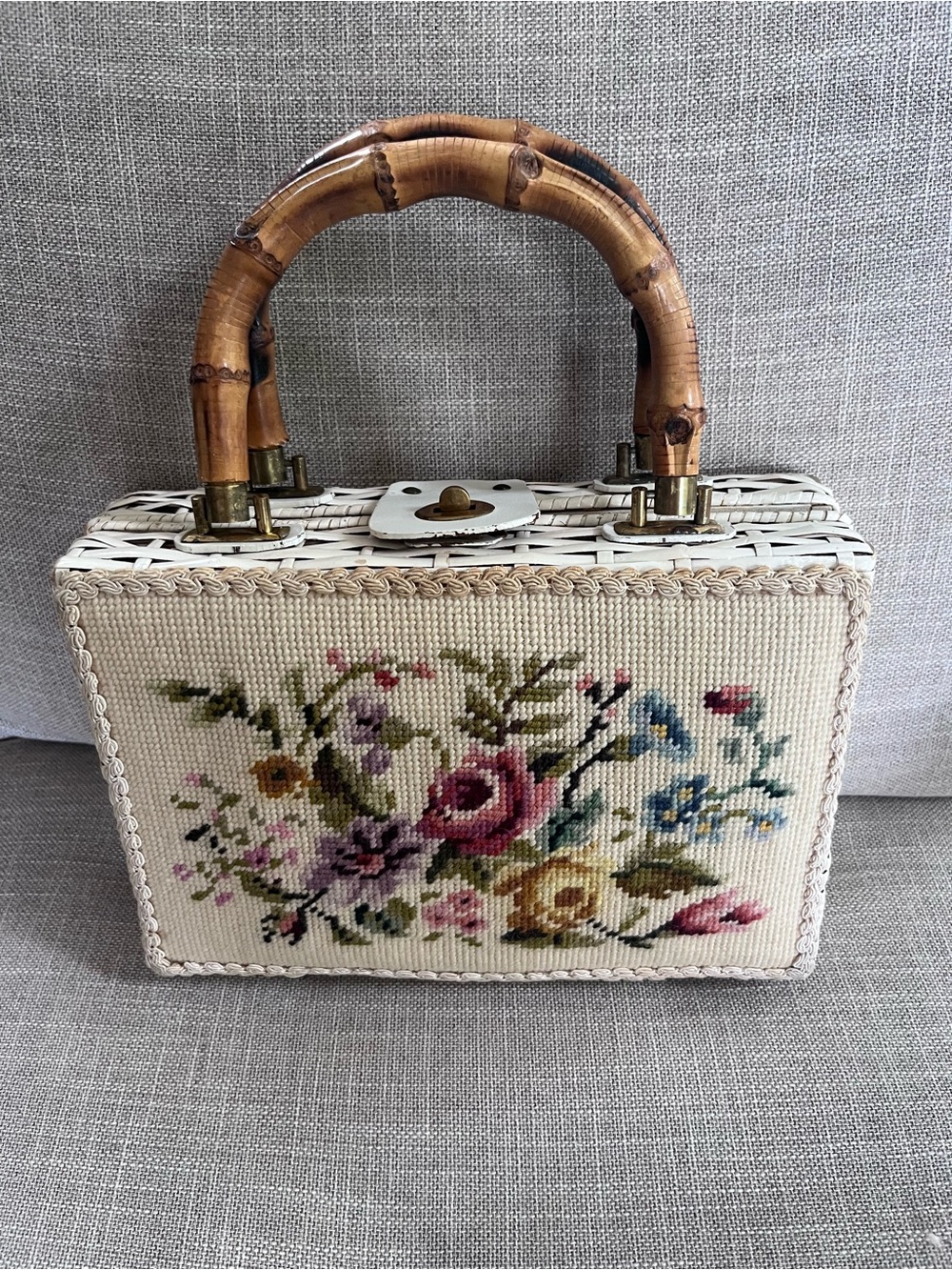 Vintage Floral Needlepoint Magid of Japan Basketweave handbag with Bamboo
